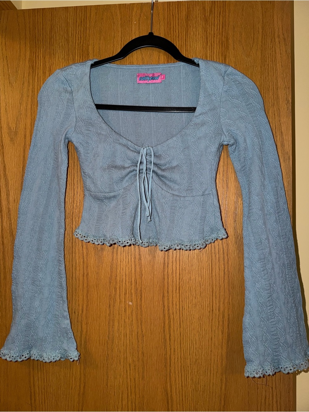 Edikted Lacey Ruched Bell Sleeve Crop Top Blue Size S